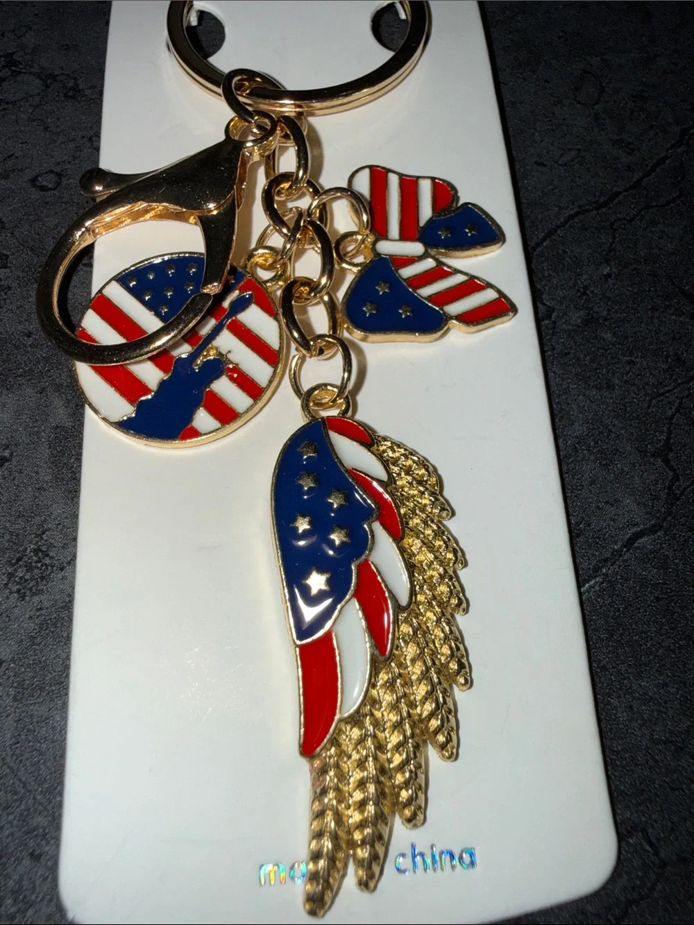 Gold-tone Patriotic Wing & Charm Keychain - Red, White & Blue